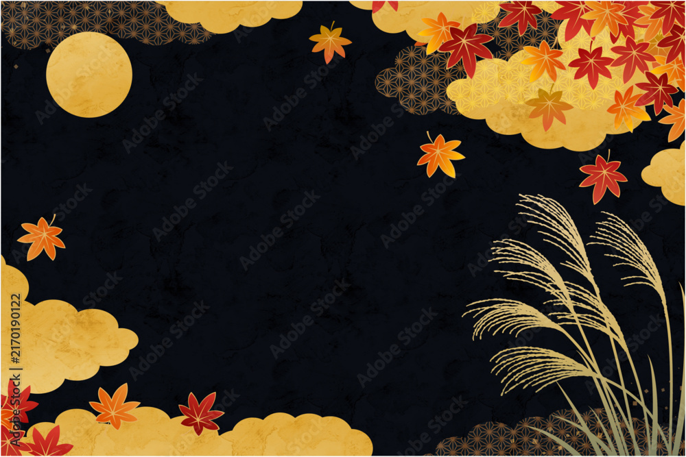 Fototapeta premium Elegant Japanese autumn background with moon, pampas grass, maple leaves and golden clouds