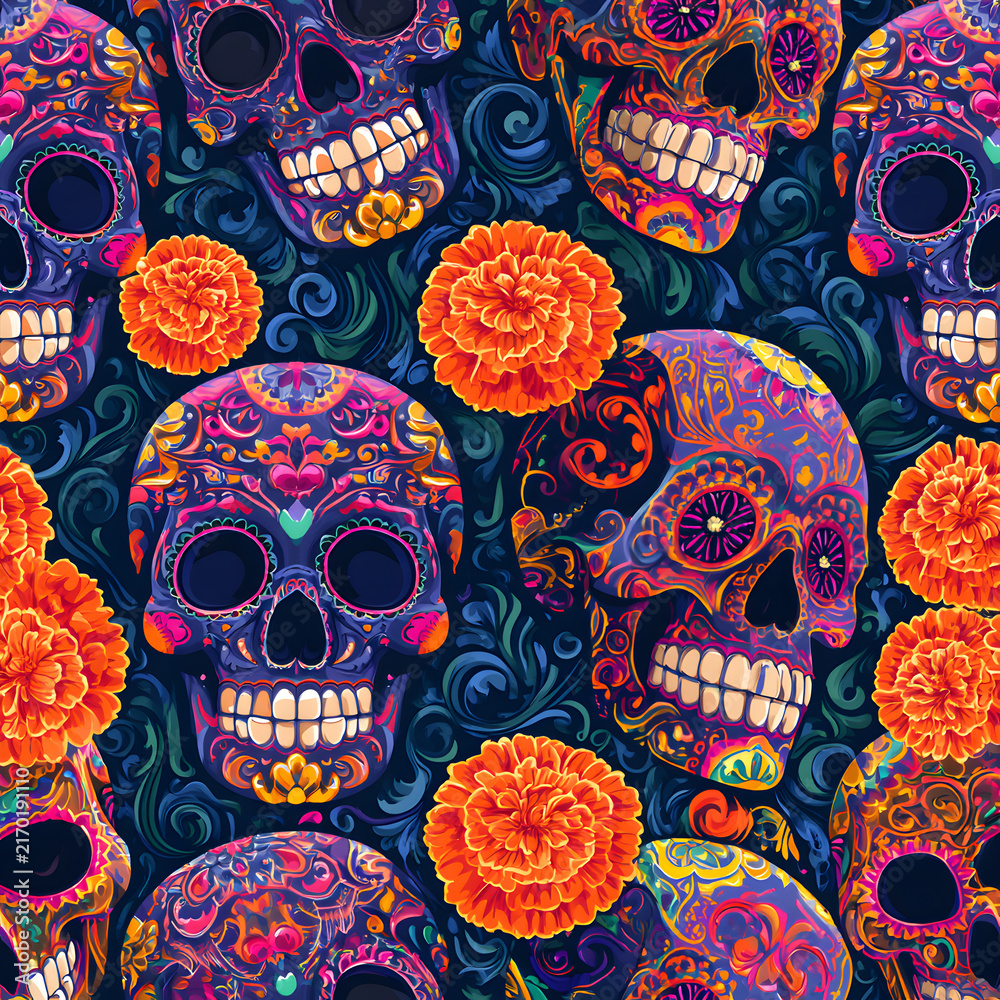 Day of the Dead Sugar Skull Seamless Vector Background (CORRECT)