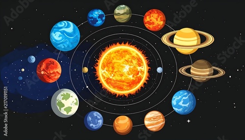Solar system planets and sun in space illustration.