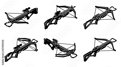 Photography Collection of Six Black Crossbows Isolated