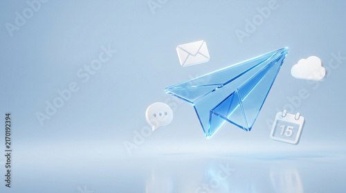 Obraz na płótnie 3D rendering of a blue translucent glass paper plane surrounded by white icons for email, cloud storage, calendar, and chat bubbles on a light blue background with reflection