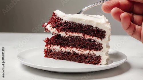 Slow-motion slice of red velvet cake being lifted with a fork, cream cheese frosting layers clearly visible
