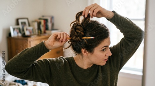 Woman with brown hair styling a messy bun using a pencil in a cozy indoor setting
