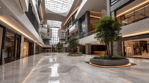Modern Shopping Mall Interior with Skylight and Elegant Design