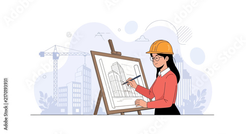 Female Architect Designs Building Blueprint on Easel with Construction Site Background