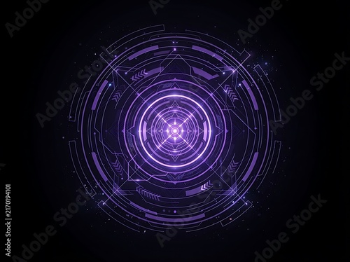 Abstract purple glowing futuristic HUD interface circular design element on dark background.