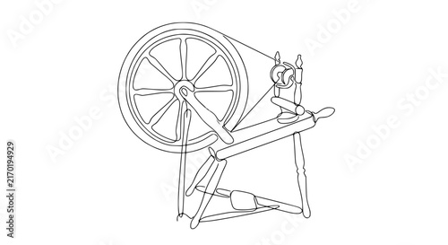 Vintage spinning wheel antique textile craft tool isolated illustration