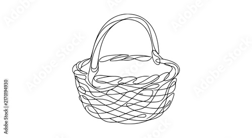 Woven Basket with Handle Single Line Drawing Isolated on Transparent Background