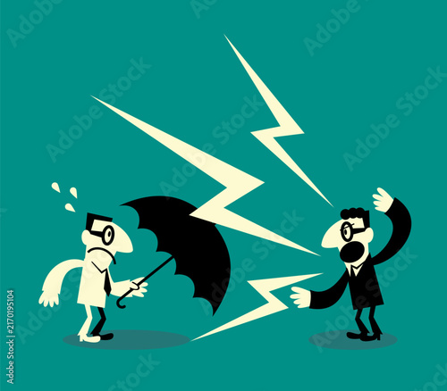 Flat vector illustration of an angry boss yelling at a stressed employee holding an umbrella for protection. For workspace conflict, business stress, and communication problems concepts.