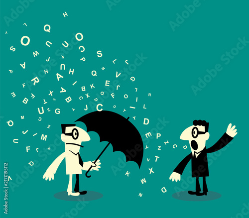 Flat vector illustration of a businessman protecting himself with an umbrella from information overload and verbal noise. For workplace verbal abuse, communication problems, and dispute concepts.
