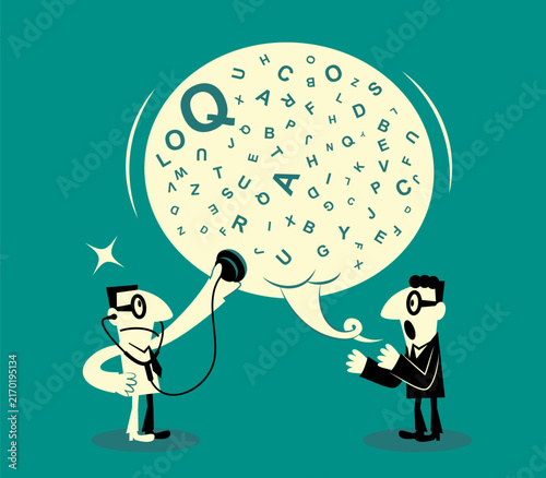 Flat vector of a businessman using a stethoscope to listen to a giant speech bubble filled with letters of the alphabet. For communication diagnosis, market research, and speech analysis concepts