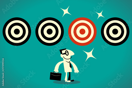Canvastavla Flat vector of a smiling businessman holding a briefcase, standing below a row of targets with one highlighted red target