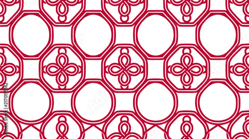 Seamless geometric pattern with floral elements in red and white