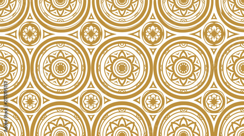 Seamless Golden Geometric Pattern with Circles and Stars on White Background