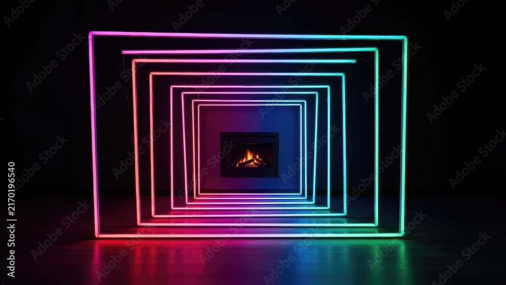 Fototapeta premium neon fireplace outline with glowing frame and vibrant light effects in dark setting