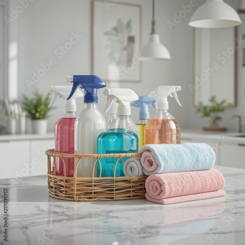 Cleaning Products Spray Bottles And Folded Towels In Wicker Basket On Kitchen Counter Top