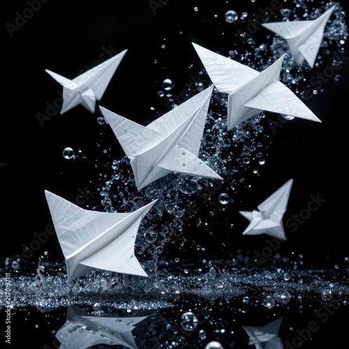 White Origami Paper Airplanes Flying Through Water Splashes And Bubbles On Black Background