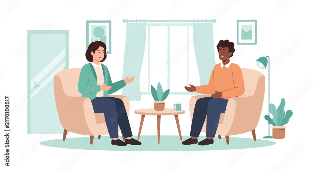 Fototapeta premium A woman and a man are sitting in comfortable armchairs having a friendly conversation in a modern living room setting.
