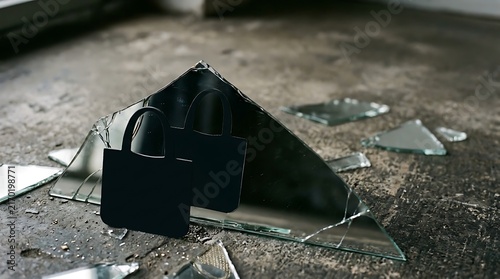 A broken black wallet lies on the ground amidst shattered glass.