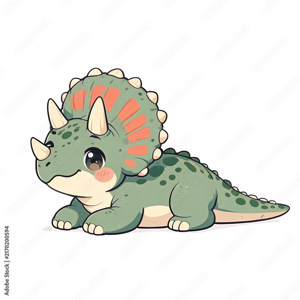 Obraz premium Cute Triceratops cartoon dinosaur lying, chibi kawaii kids nursery PNG