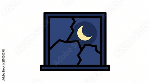 spooky classroom background concept. Broken window with a crescent moon visible at night through the cracks