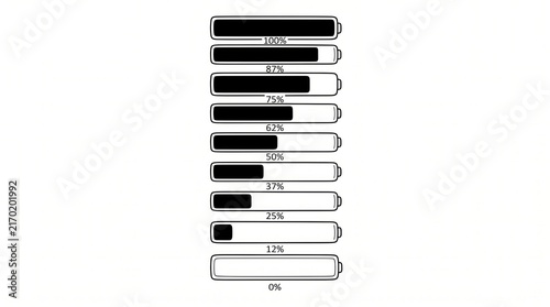 Sequence of battery discharge level icons showing decreasing power status with discharge sequence decreasing capacity depleted