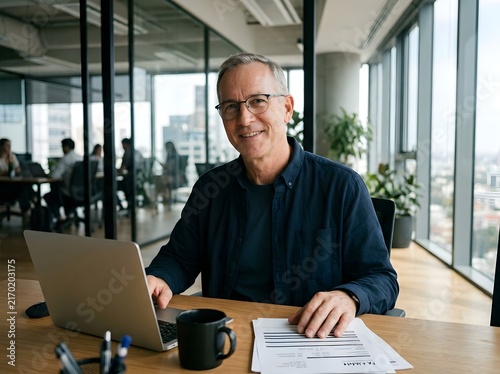 Professional middle-aged man smiling while reviewing documents at a modern glass-walled office desk with laptop and coffee mug