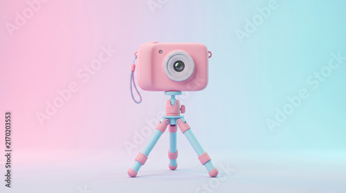 cute 3D cartoon camera tripod, adorable chibi style, three-legged camera stand with small camera mounted on top