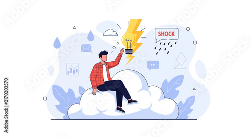 Man on cloud with idea bulb and lightning bolt, symbolizing inspiration, innovation, and overcoming challenges.