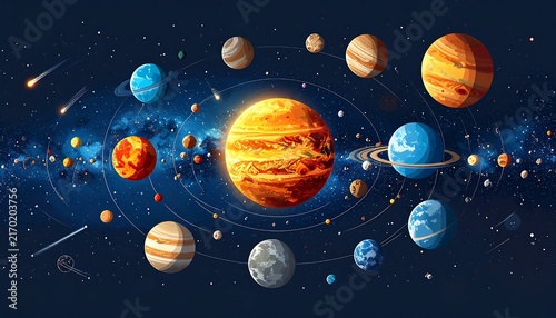 Realistic 3D illustration of the solar system planets.