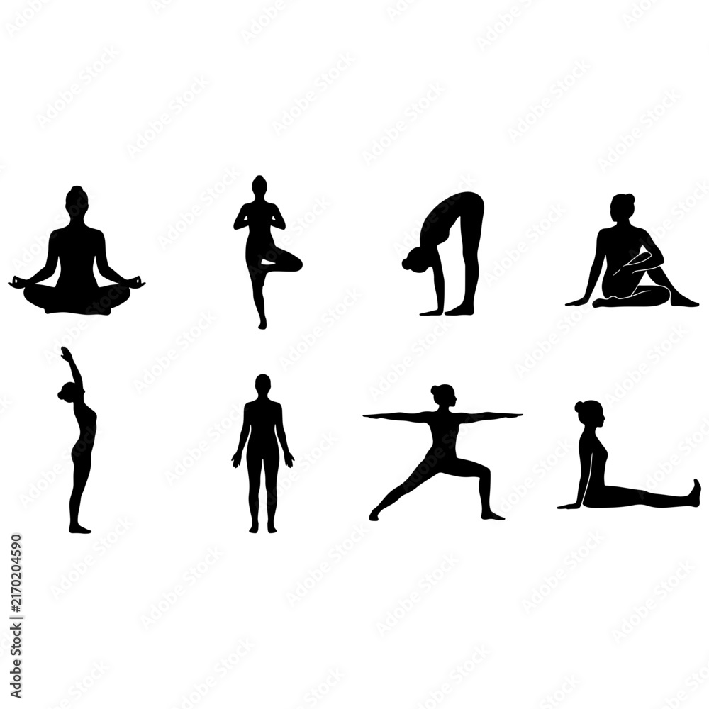 Fototapeta premium Set of black yoga pose silhouettes showing different exercise positions for fitness and health