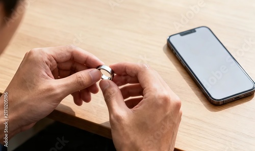 First-person view of hands wearing a minimalist smart ring beside a smartphone on a wooden desk.