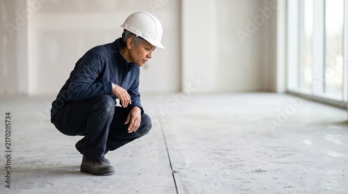 An engineer wearing a white hard hat crouching down to inspect a concrete floor in a large, empty building under construction.