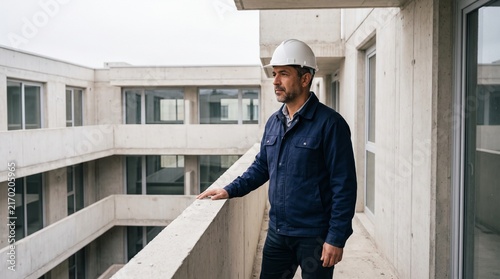 A construction worker wearing a hard hat stands on a balcony of an unfinished building. He looks out thoughtfully, surveying the progress of the construction site.