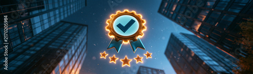 Award of Excellence: A pristine quality badge, featuring a prominent checkmark and glowing stars, is showcased against a backdrop of towering modern skyscrapers.