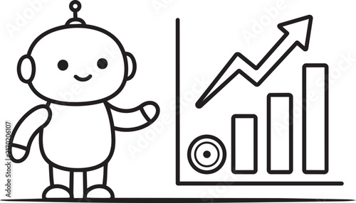 Cute robot showing a growing business bar chart