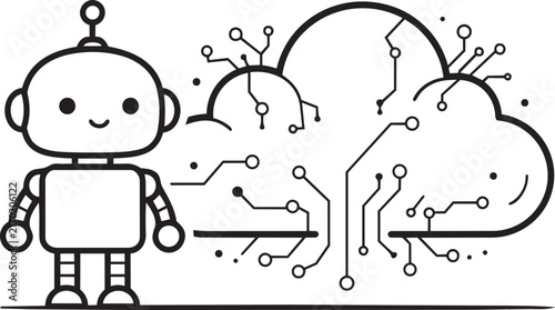 Cute robot character with a digital cloud computing icon