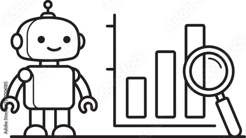 Cute robot character analyzing business growth chart icon