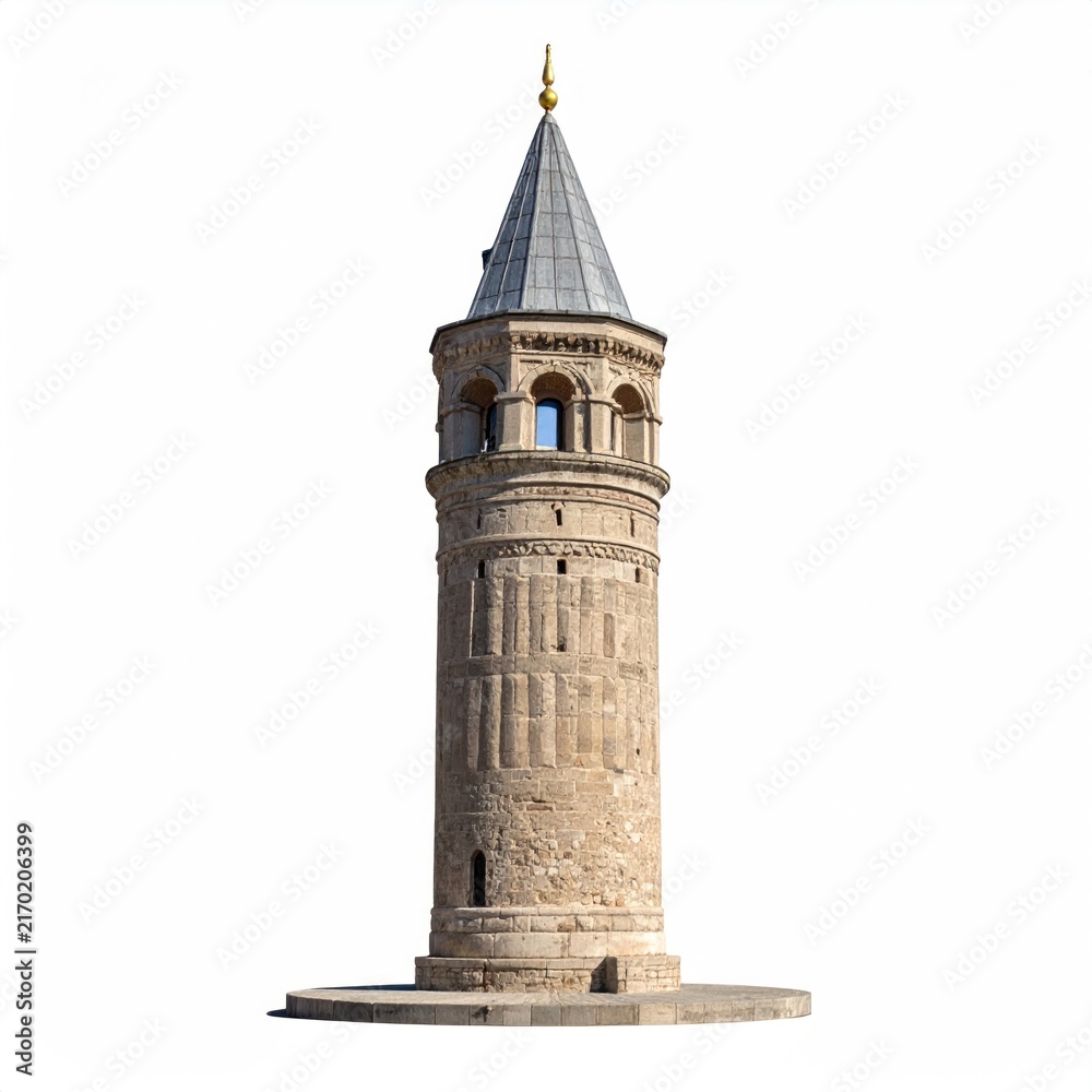 Obraz premium Isolated vertical stone structure, cylindrical base, peaked roof, weathered texture, open windows, golden spire