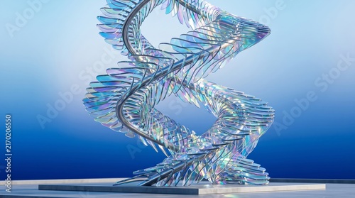 Glass Double Helix Sculpture Display in Blue Studio.