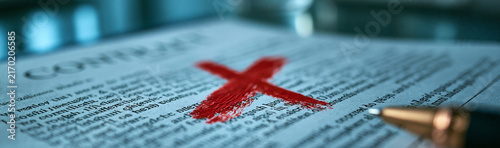 Red Cross Out on Contract: A contract document with a large red 'X' marking an item or clause, signifying rejection, disapproval, or cancellation. A pen is visible in the foreground.