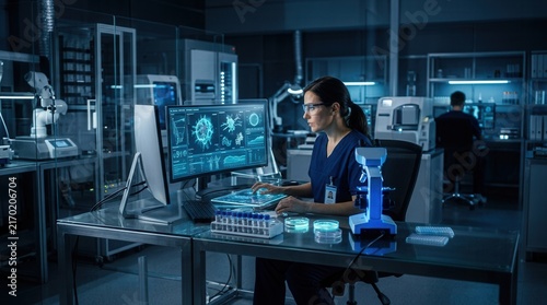 Scientist Analyzes Data On Advanced Computer Screen In Modern Laboratory