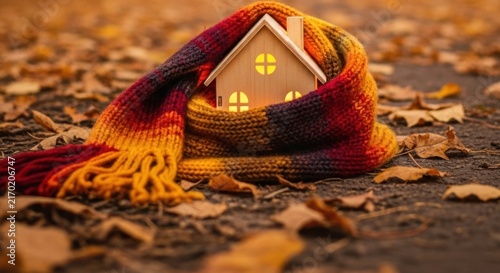 Cozy miniature house wrapped in a warm scarf amidst autumn leaves