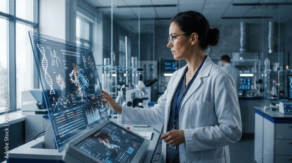 Fototapeta premium Scientist Analyzes Futuristic Holographic DNA Data In Advanced Research Laboratory