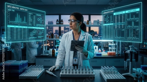 Scientist Analyzing Advanced Data On Futuristic Holographic Displays