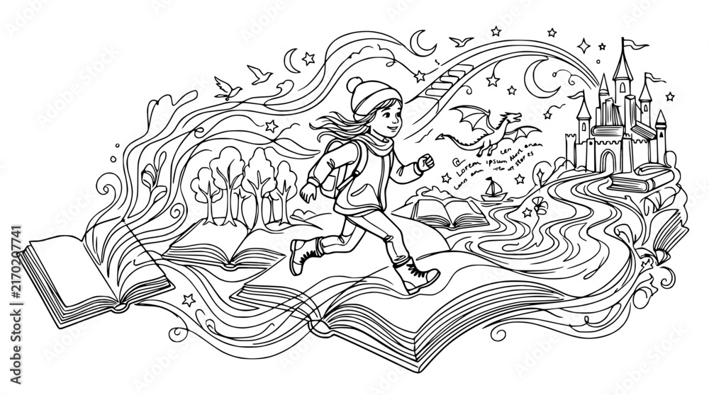 Fototapeta premium Child's Imagination: Girl Running Through Fantasy World from Open Books