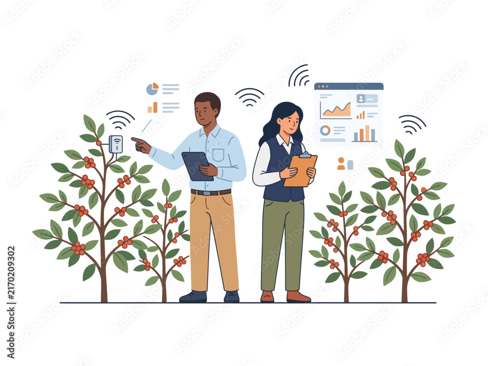 Obraz premium Smart Farming Concept with Agronomists Monitoring Coffee Plantation using IoT Sensors and Data Analytics