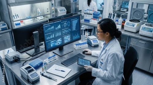 Modern Laboratory Scientist Analyzing Data On Computer Screens With Precision