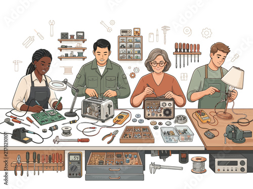 People Repairing Appliances and Electronics - Technical DIY Workshop Illustration