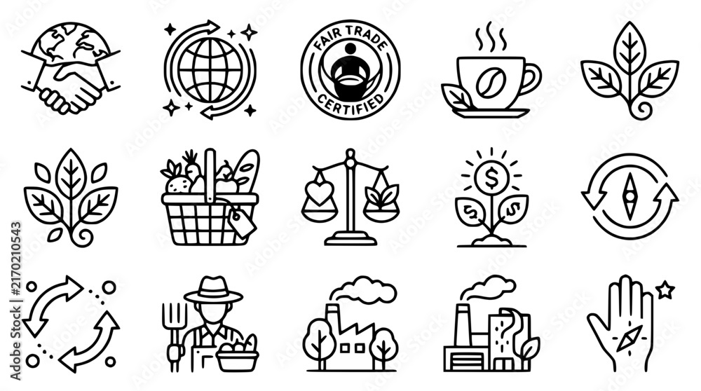 Fototapeta premium Sustainable Business Icons: Fair Trade, Farming, Ecology, Coffee, Earth